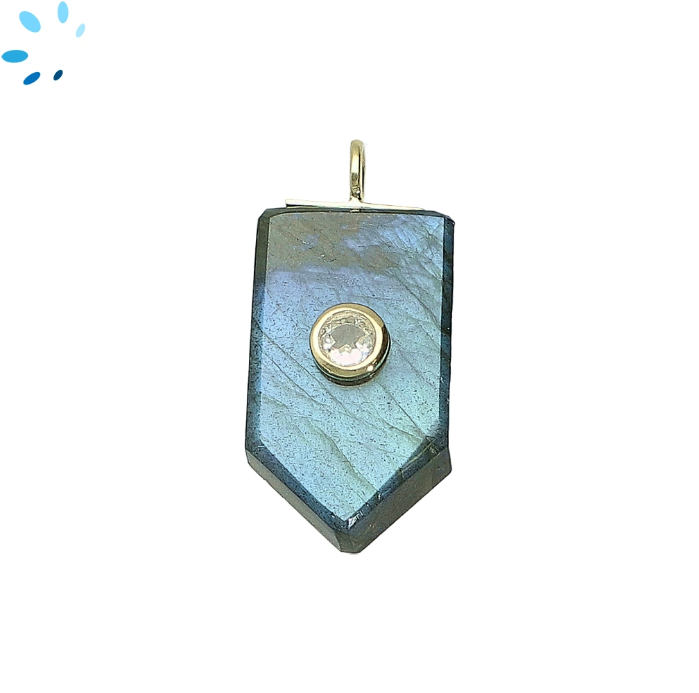 Labradorite & White Topaz Flat Pencil Point Inlay Pendant Charm 23x13mm - 18k Gold Plated Sterling Silver - 1 Piece