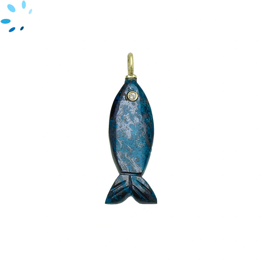 Chrysocolla Vertical Elongated Fish Inlay Pendant Charm 25x9mm - 18k Gold Plated Sterling Silver 1 Piece
