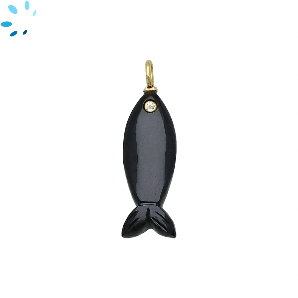 Black Onyx Vertical Elongated Fish Inlay Pendant Charm 25x9mm - 18k Gold Plated Sterling Silver 1 Piece