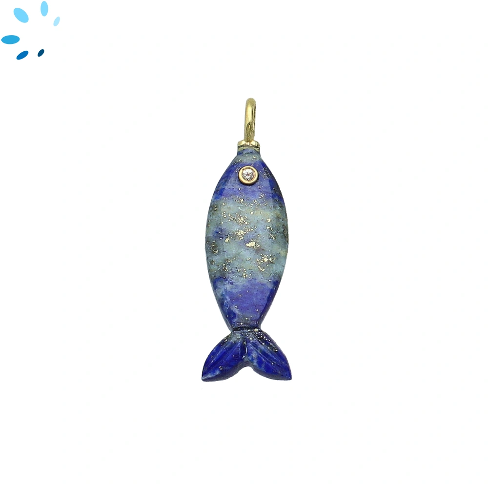 Lapis Vertical Elongated Fish Inlay Pendant Charm 25x9mm - 18k Gold Plated Sterling Silver 1 Piece