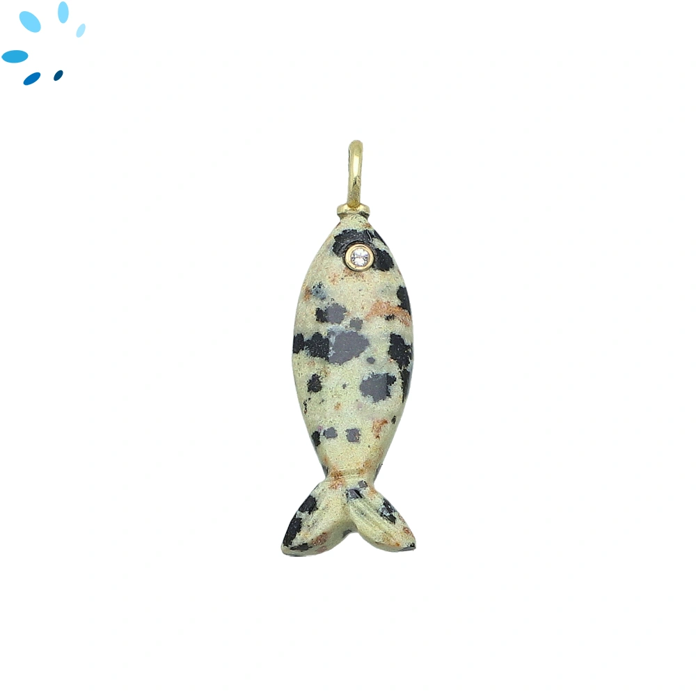 Dalmatian Jasper Vertical Elongated Fish Inlay Pendant Charm 25x9mm - 18k Gold Plated Sterling Silver 1 Piece