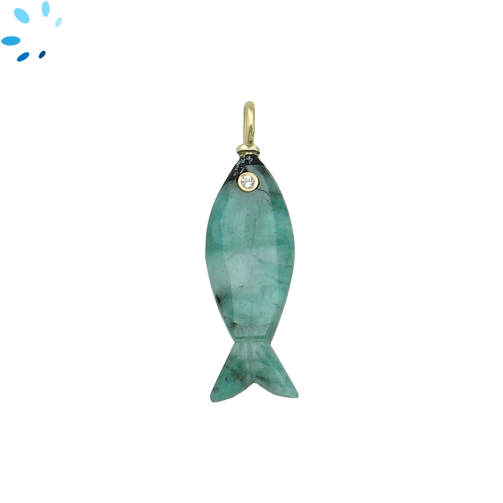 Raw Emerald Vertical Elongated Fish Inlay Pendant Charm 25x9mm - 18k Gold Plated Sterling Silver 1 Piece