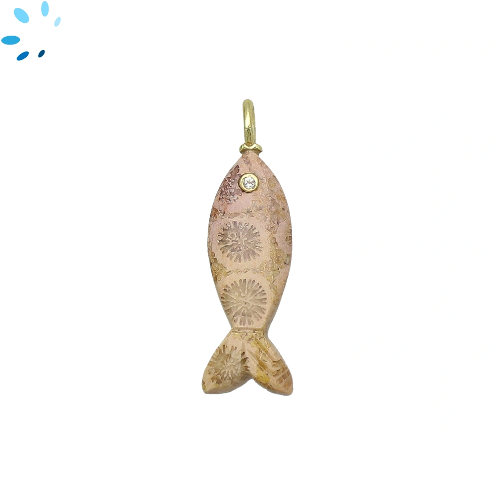 Flower Jasper Vertical Elongated Fish Inlay Pendant Charm 25x9mm - 18k Gold Plated Sterling Silver 1 Piece