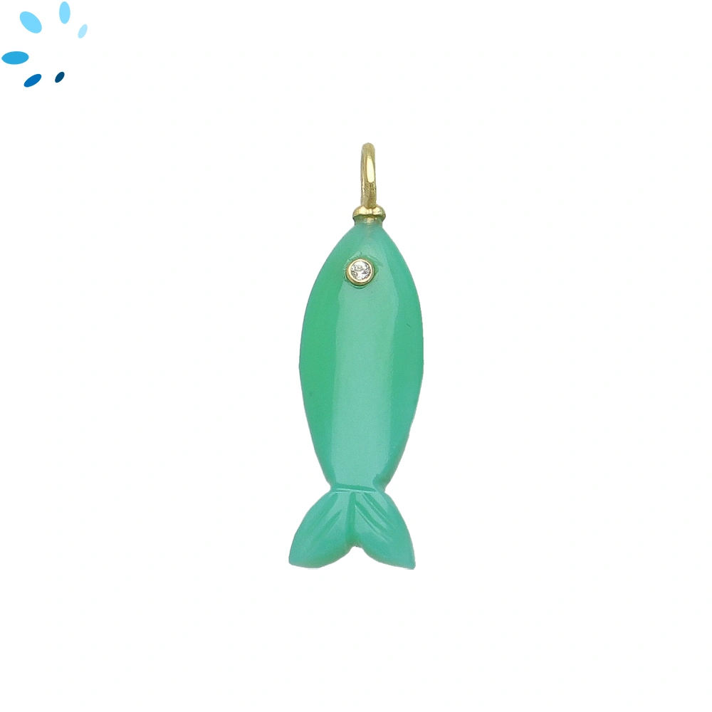 Green Chalcedony Vertical Elongated Fish Inlay Pendant Charm 25x9mm - 18k Gold Plated Sterling Silver 1 Piece