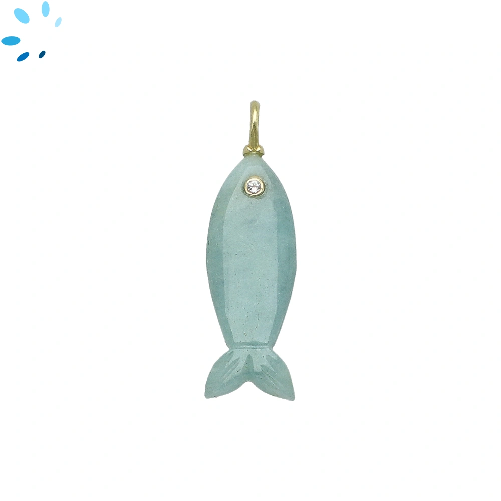 Aquamarine Vertical Elongated Fish Inlay Pendant Charm 25x9mm - 18k Gold Plated Sterling Silver 1 Piece