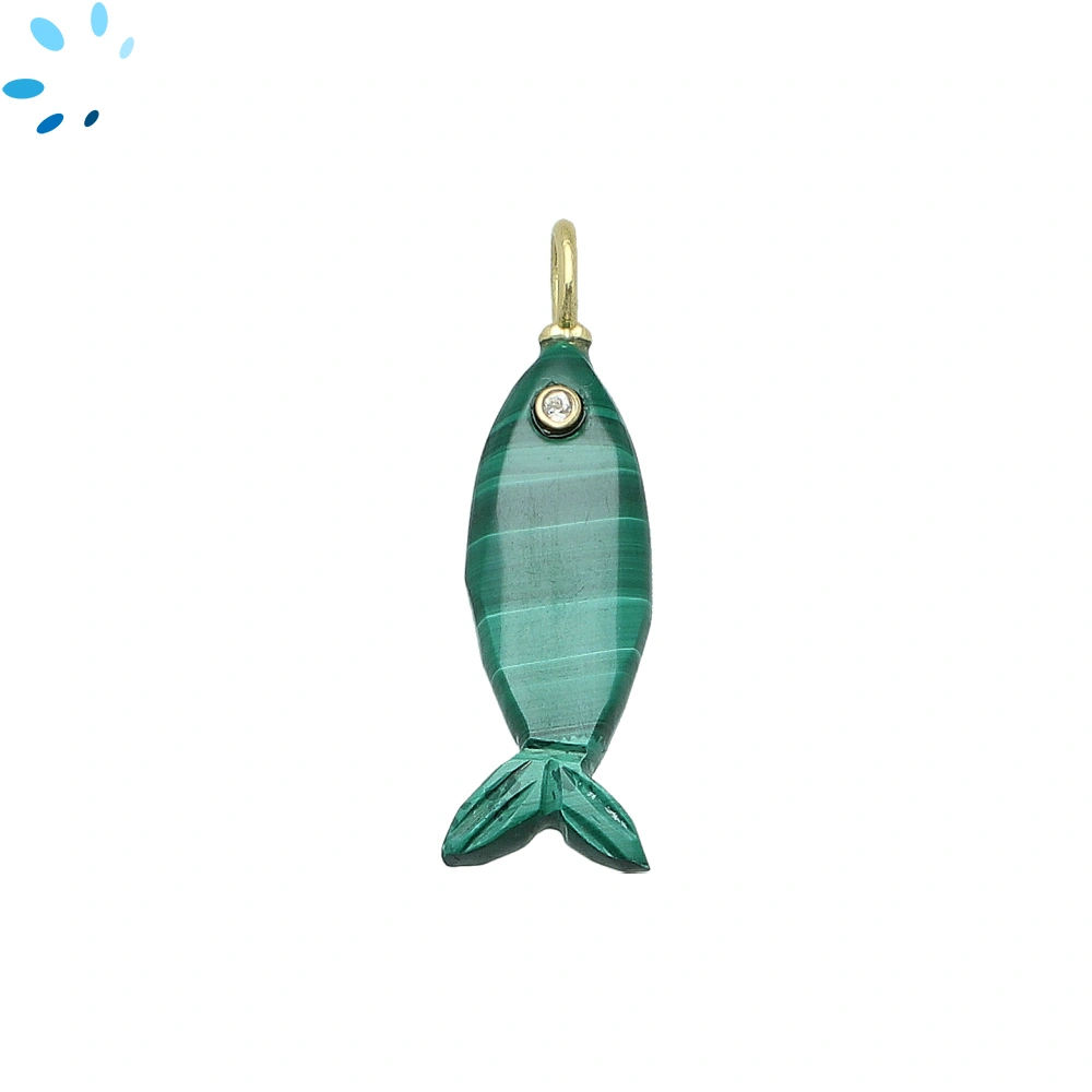Malachite Vertical Elongated Fish Inlay Pendant Charm 25x9mm - 18k Gold Plated Sterling Silver 1 Piece