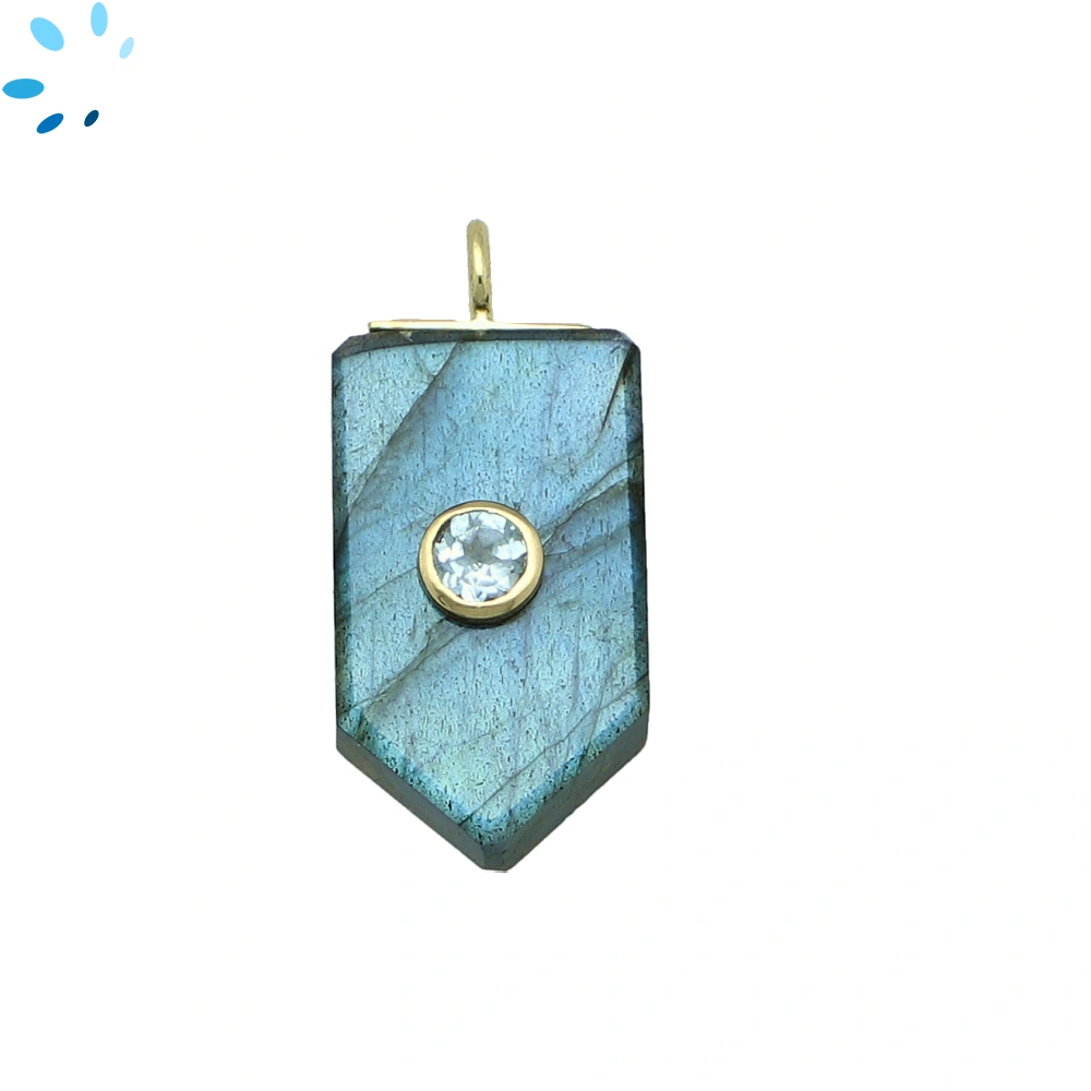 Labradorite & Blue Topaz Flat Pencil Point Inlay Pendant Charm 22x13mm - 18k Gold Plated Sterling Silver - 1 Piece