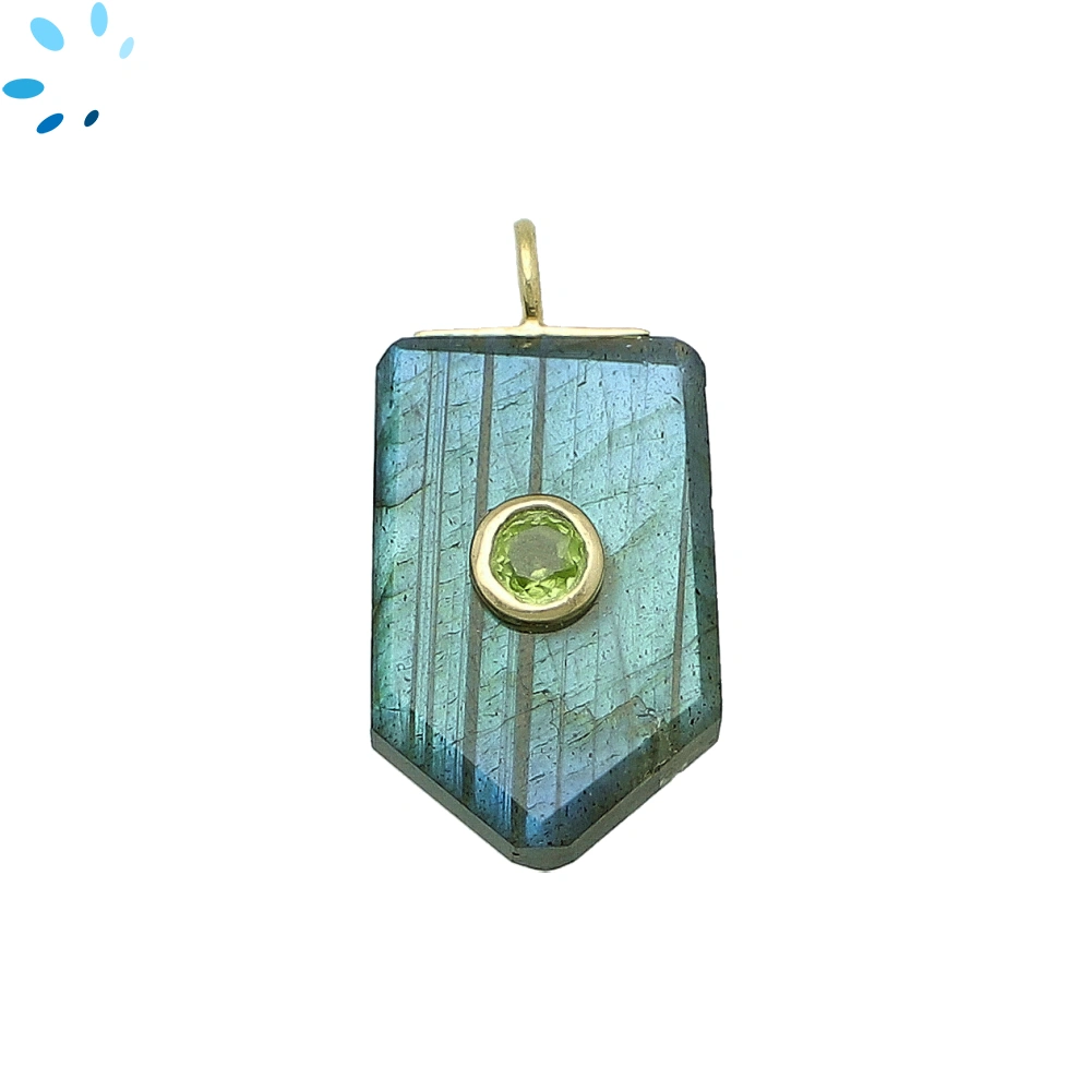 Labradorite & Peridot Flat Pencil Point Inlay Pendant Charm 21x13mm - 18k Gold Plated Sterling Silver - 1 Piece