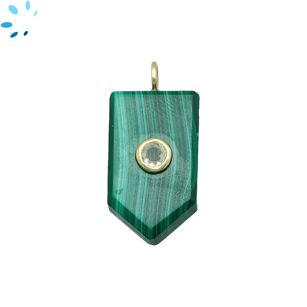 Malachite & White Topaz Flat Pencil Point Inlay Pendant Charm 21x13mm - 18k Gold Plated Sterling Silver - 1 Piece