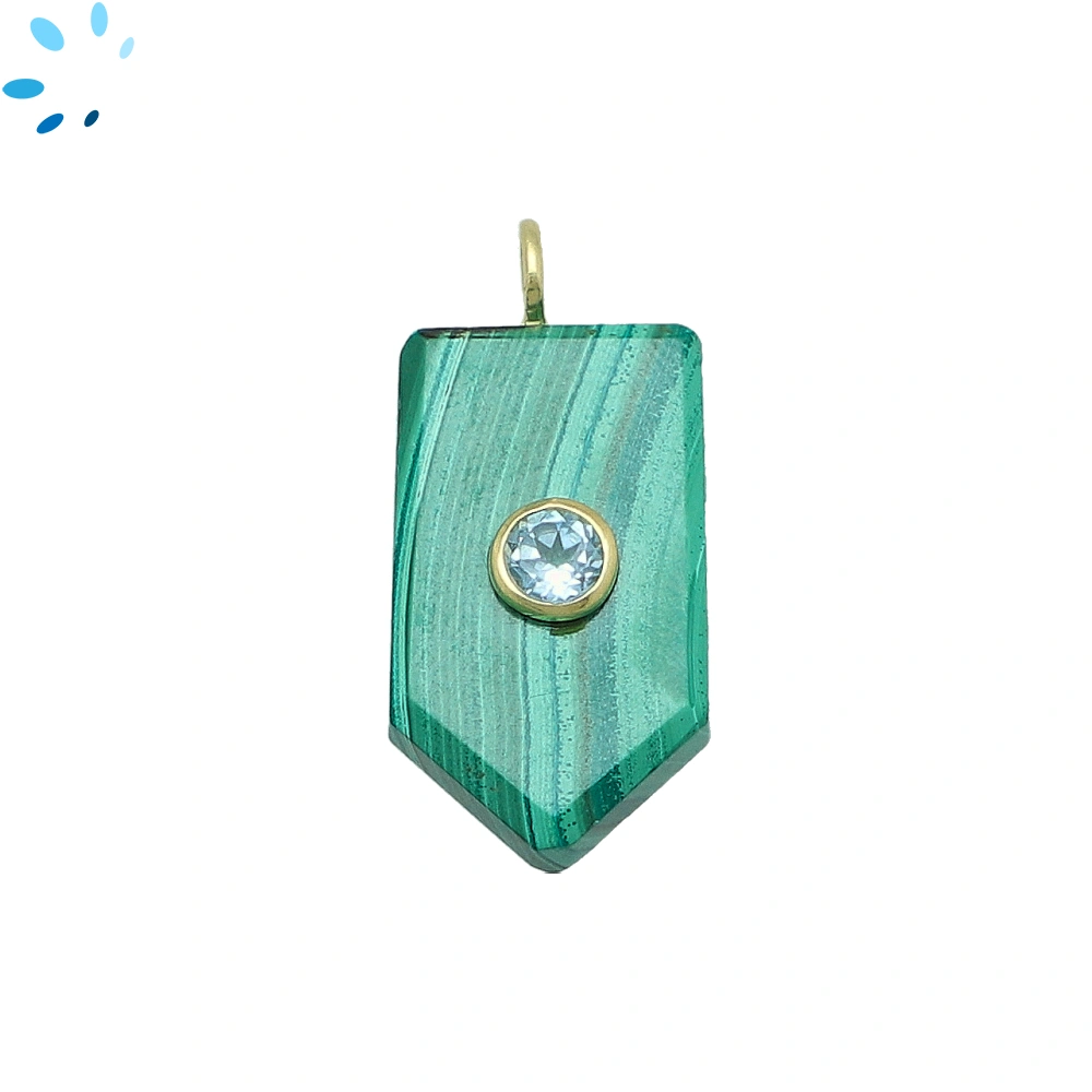 Malachite & Blue Topaz Flat Pencil Point Inlay Pendant Charm 22x13mm - 18k Gold Plated Sterling Silver - 1 Piece