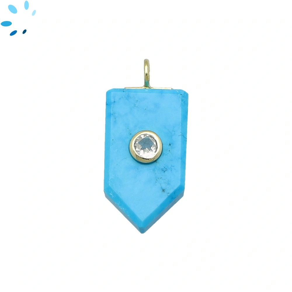 Howlite Turquoise & White Topaz Flat Pencil Point Inlay Pendant Charm 23x13mm - 18k Gold Plated Sterling Silver - 1 Piece
