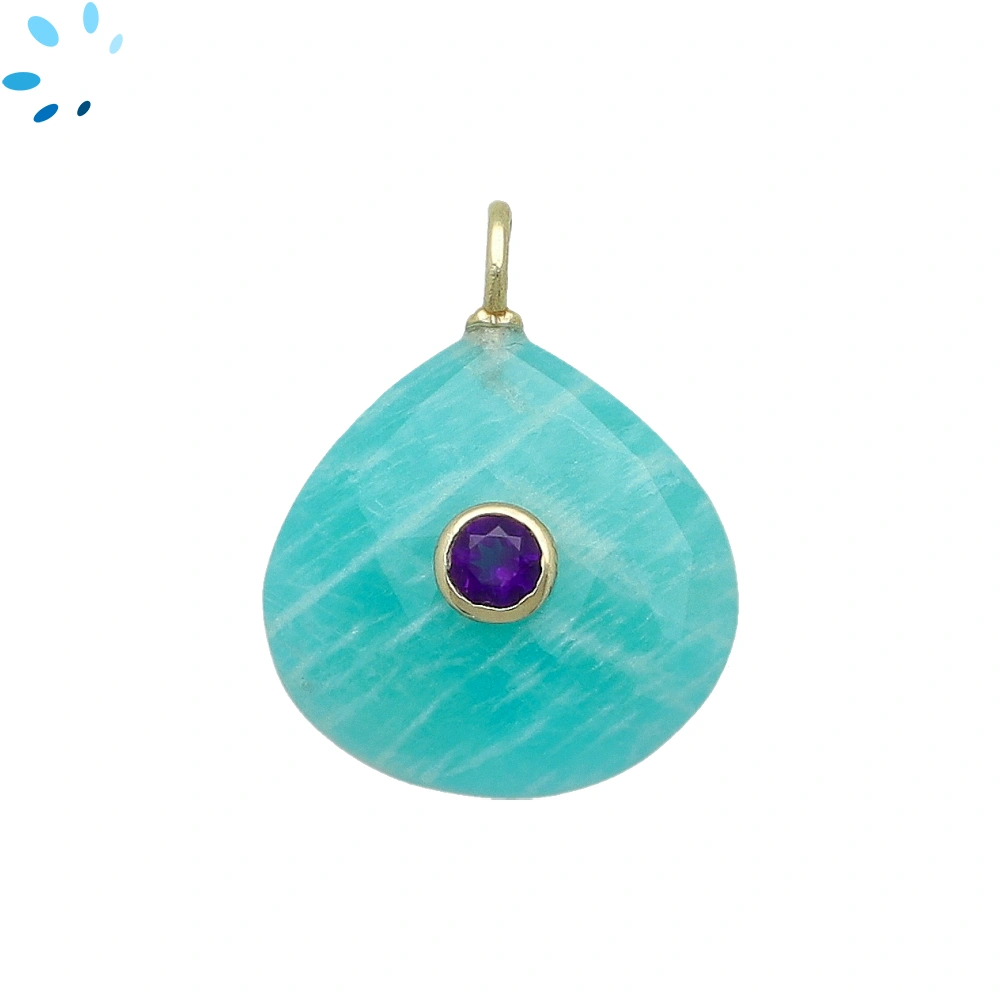 Amazonite & Amethyst Heart Inlay Pendant Charm 19-20mm - 18k Gold Plated Sterling Silver - 1 Piece