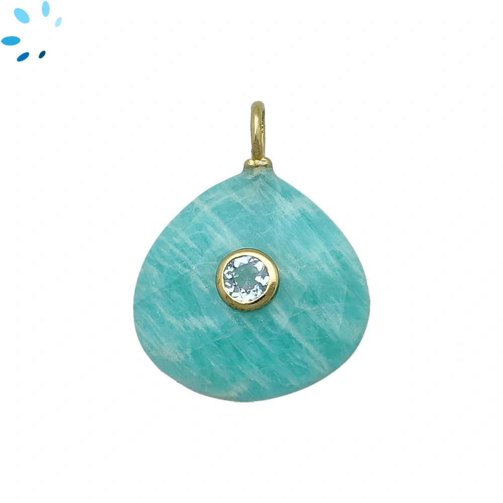 Amazonite & White Topaz Heart Inlay Pendant Charm 19-20mm - 18k Gold Plated Sterling Silver - 1 Piece