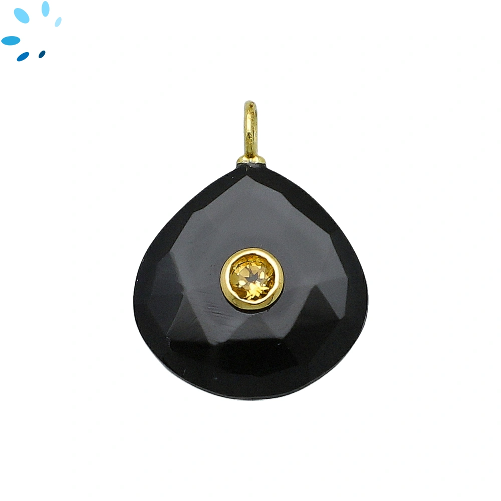 Black Onyx & Citrine Heart Inlay Pendant Charm 19-20mm - 18k Gold Plated Sterling Silver - 1 Piece