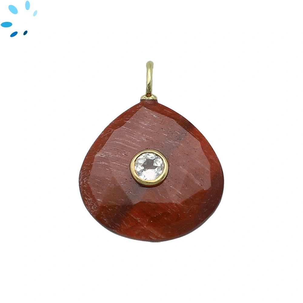 Red Tiger Eye & White Topaz Heart Inlay Pendant Charm 19-20mm - 18k Gold Plated Sterling Silver - 1 Piece