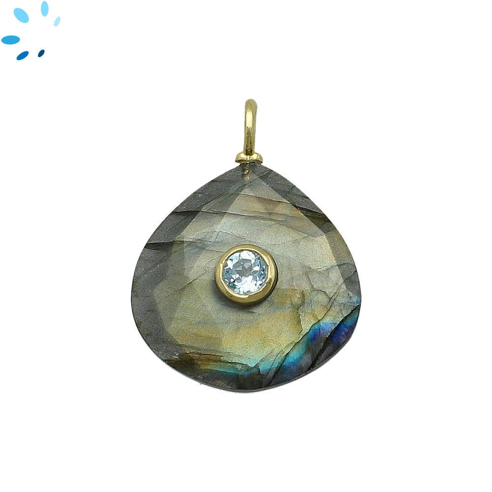 Labradorite & Blue Topaz Heart Inlay Pendant Charm 19-20mm - 18k Gold Plated Sterling Silver - 1 Piece