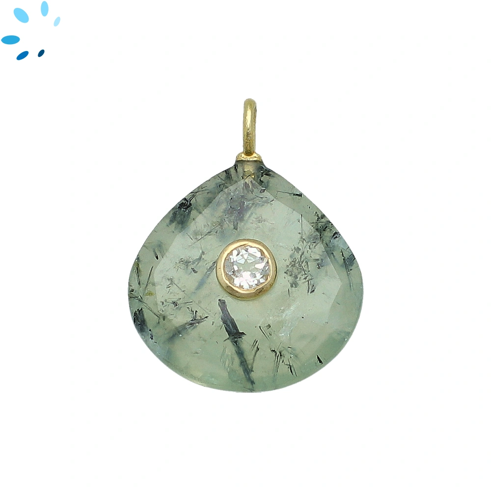 Prehnite & White Topaz Heart Inlay Pendant Charm 19-20mm - 18k Gold Plated Sterling Silver - 1 Piece