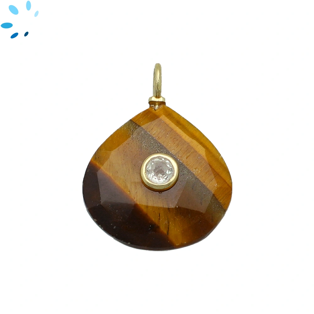 Yellow Tiger Eye & White Topaz Heart Inlay Pendant Charm 19-20mm - 18k Gold Plated Sterling Silver - 1 Piece
