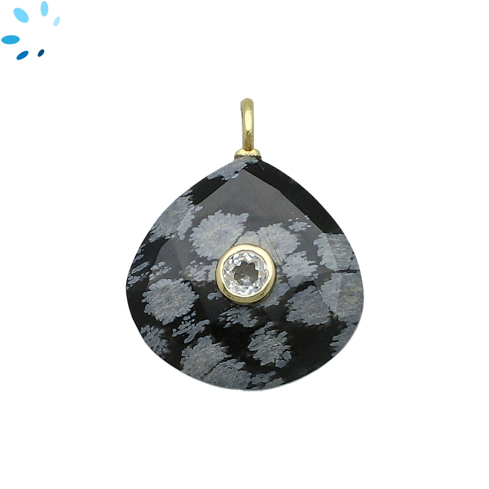 Snowflake Obsidian & White Topaz Heart Inlay Pendant Charm 19-20mm - 18k Gold Plated Sterling Silver - 1 Piece