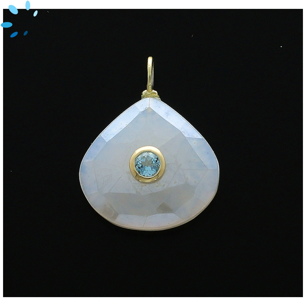 Mystic White Chalcedony & Blue Topaz Heart Inlay Pendant Charm 19-20mm - 18k Gold Plated Sterling Silver - 1 Piece