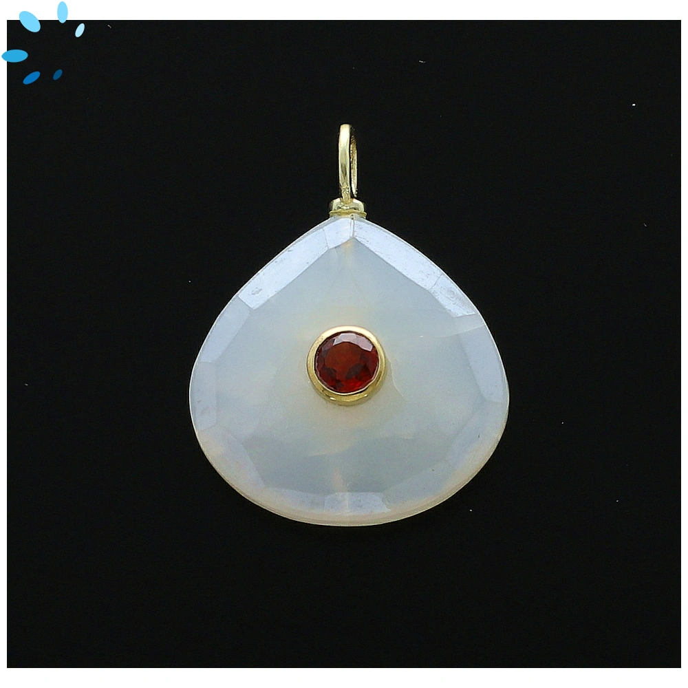 Mystic White Chalcedony & Garnet Heart Inlay Pendant Charm 19-20mm - 18k Gold Plated Sterling Silver - 1 Piece