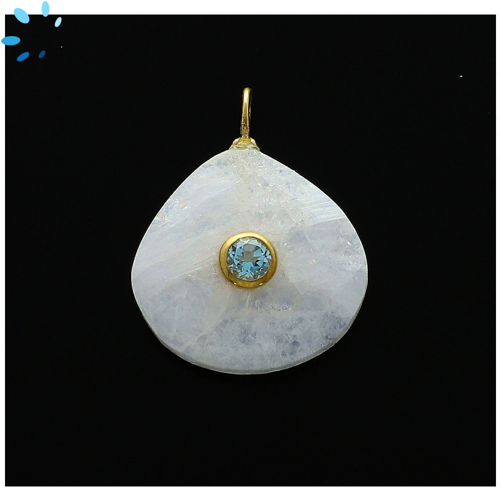 Rainbow Moonstone & Blue Topaz Heart Inlay Pendant Charm 19-20mm - 18k Gold Plated Sterling Silver - 1 Piece