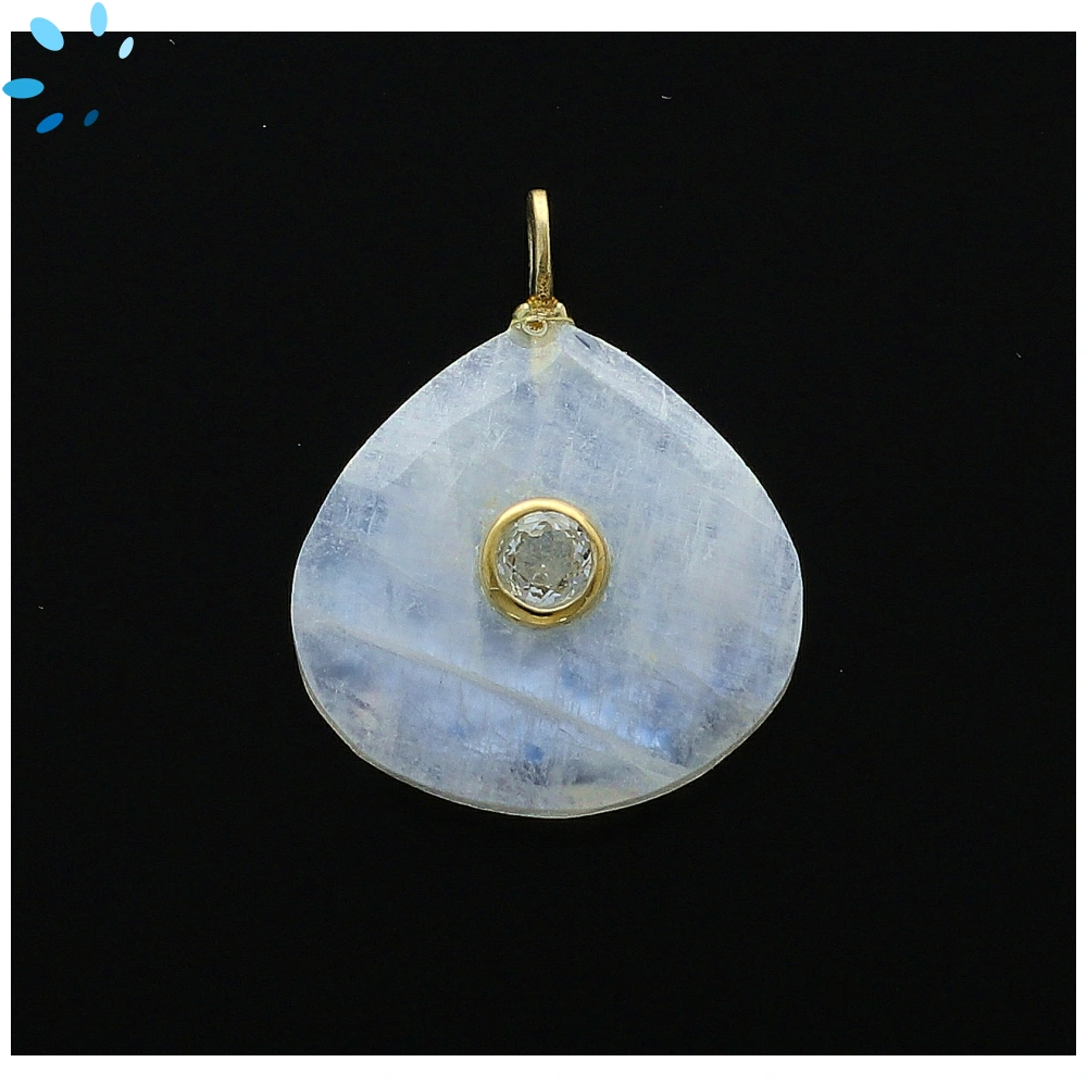 Rainbow Moonstone & White Topaz Heart Inlay Pendant Charm 19-20mm - 18k Gold Plated Sterling Silver - 1 Piece