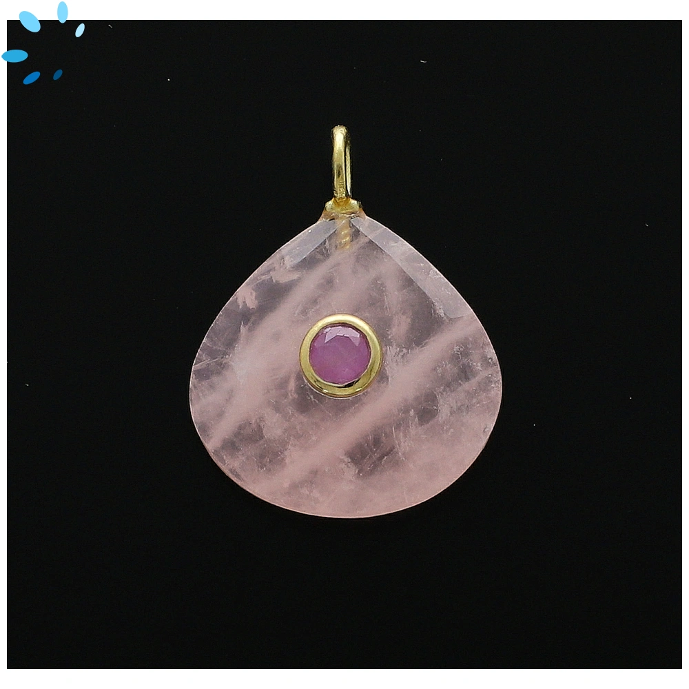 Rose Quartz & Ruby Heart Inlay Pendant Charm 19-20mm - 18k Gold Plated Sterling Silver - 1 Piece