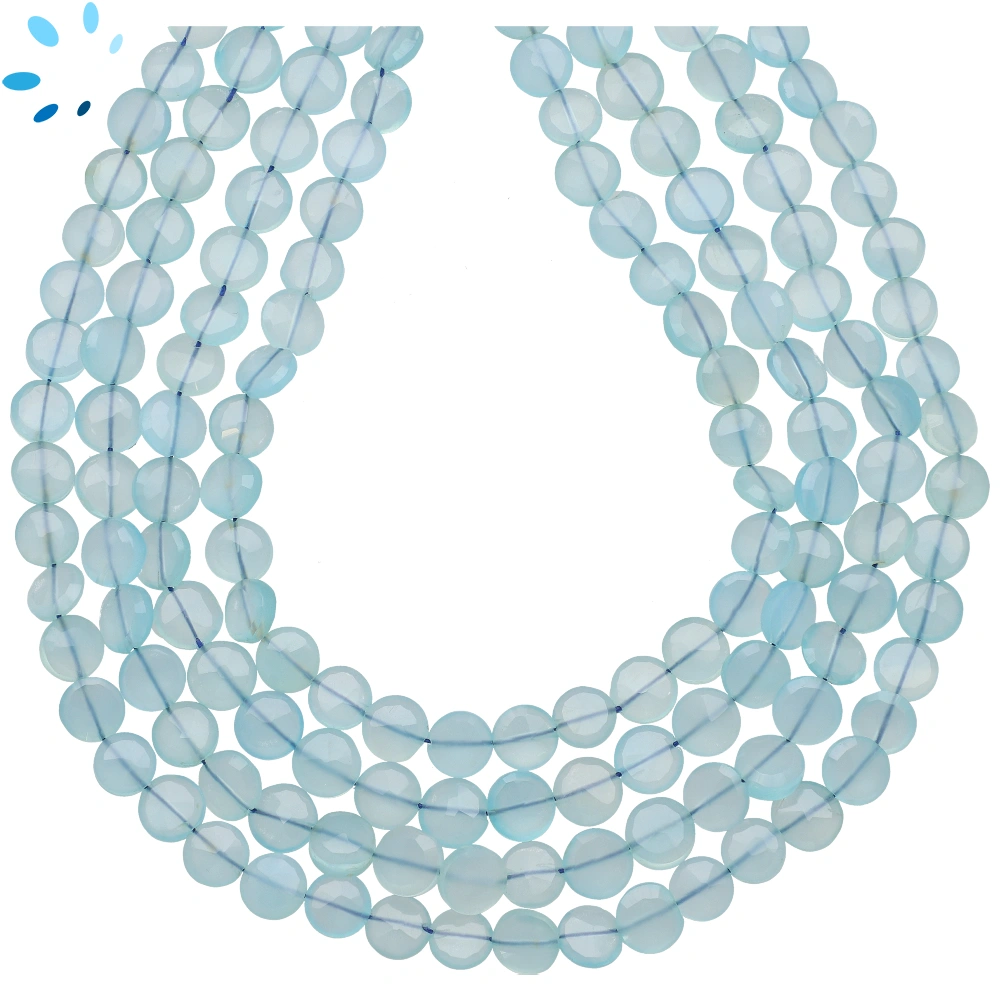 Blue Chalcedony Faceted Coin Top to Bottom Drilled Beads 7mm - 13 Inch Strand