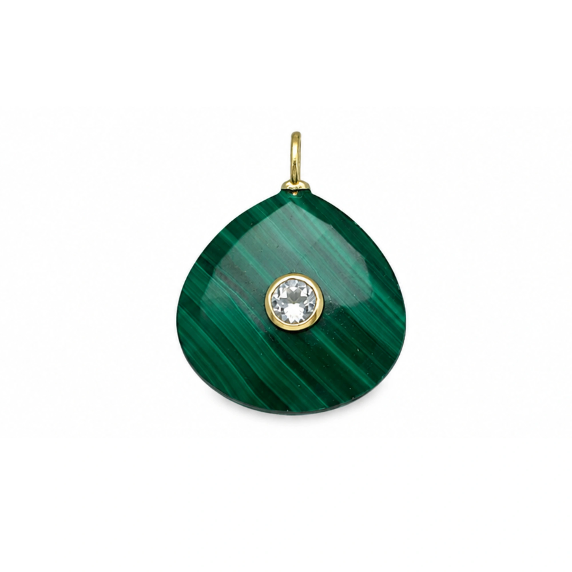 Malachite & White Topaz Heart Inlay Pendant Charm 20mm - 18k Gold Plated Sterling Silver - 1 Piece