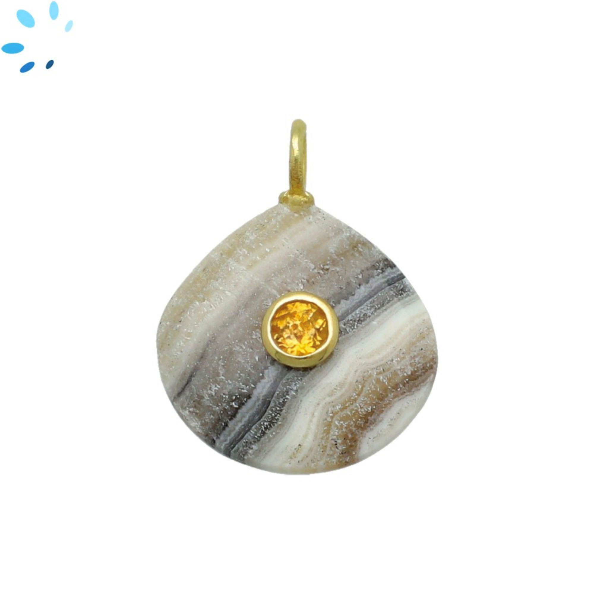 Zebra Calcite & Citrine Heart Inlay Pendant Charm 19-20mm - 18k Gold Plated Sterling Silver - 1 Piece