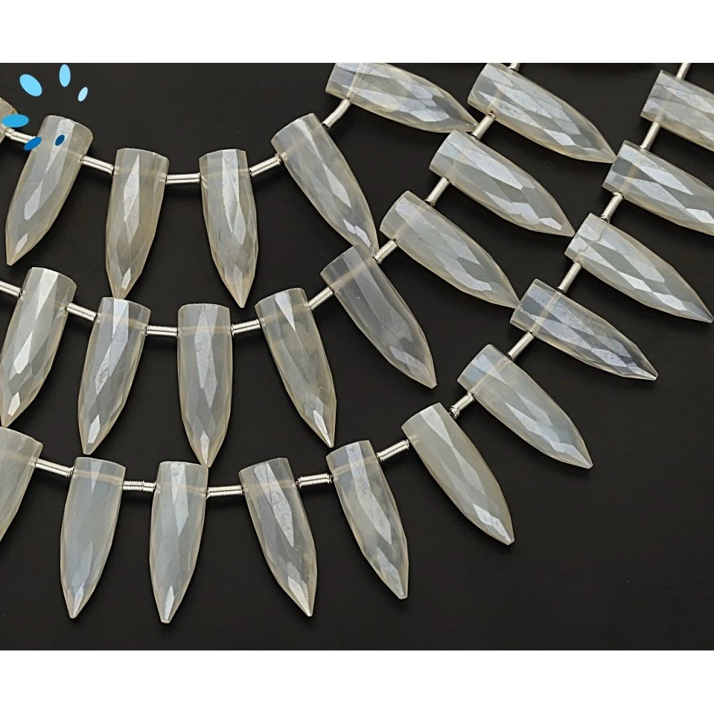 Mystic White Chalcedony Faceted Spike Top Drilled Beads 15x5 - 17x6mm - 8 Inch Strand