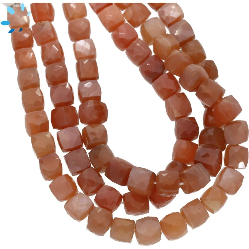 Peach Moonstone Faceted Cube Top to Bottom Drilled Beads 7mm - 8 Inch Strand