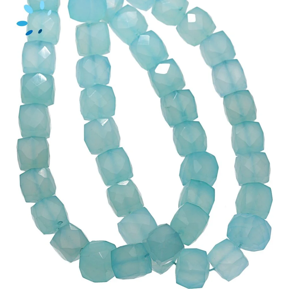 Aqua Chalcedony Faceted Cube Top to Bottom Drilled Beads 8mm - 8 Inch Strand