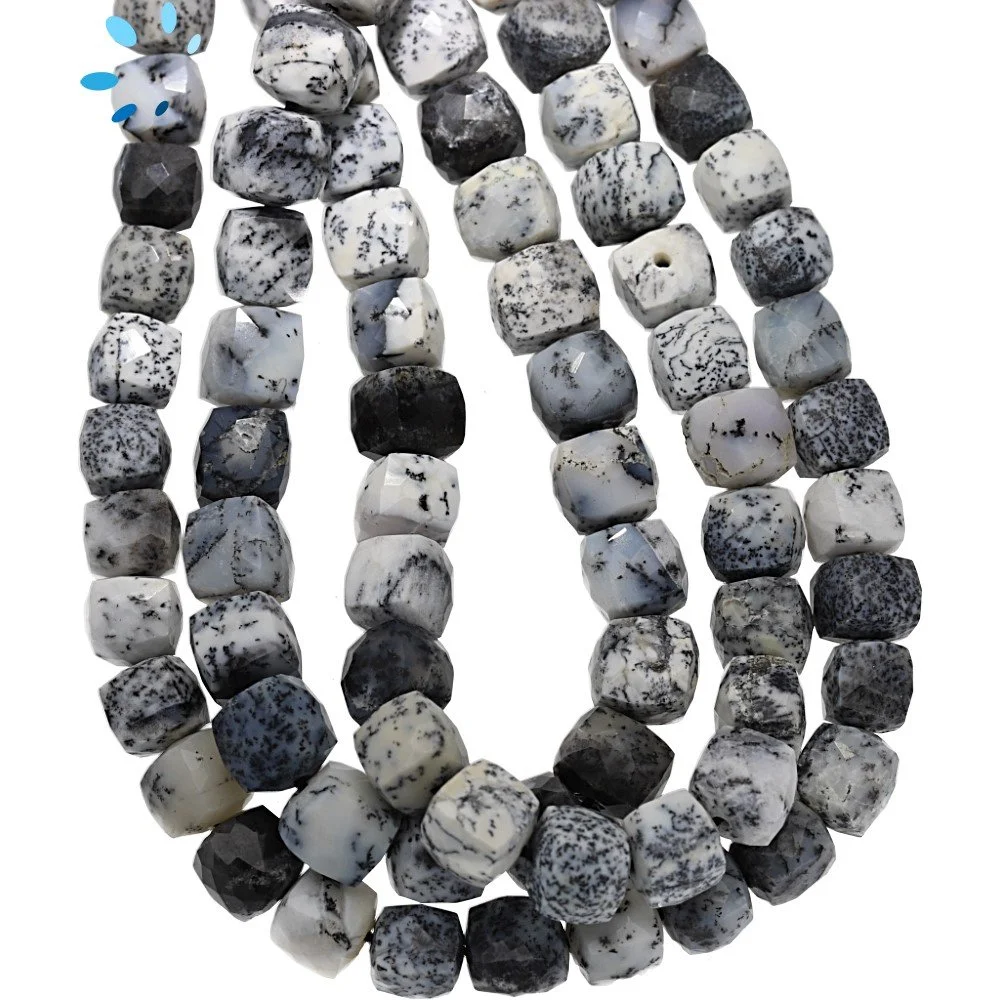 Dendrite Opal Faceted Cube Top to Bottom Drilled Beads 7mm - 8 Inch Strand
