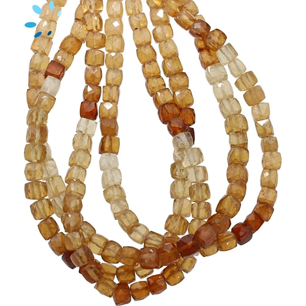 Hessonite Garnet Faceted Cube Top to Bottom Drilled Beads 4mm - 8 Inch Strand