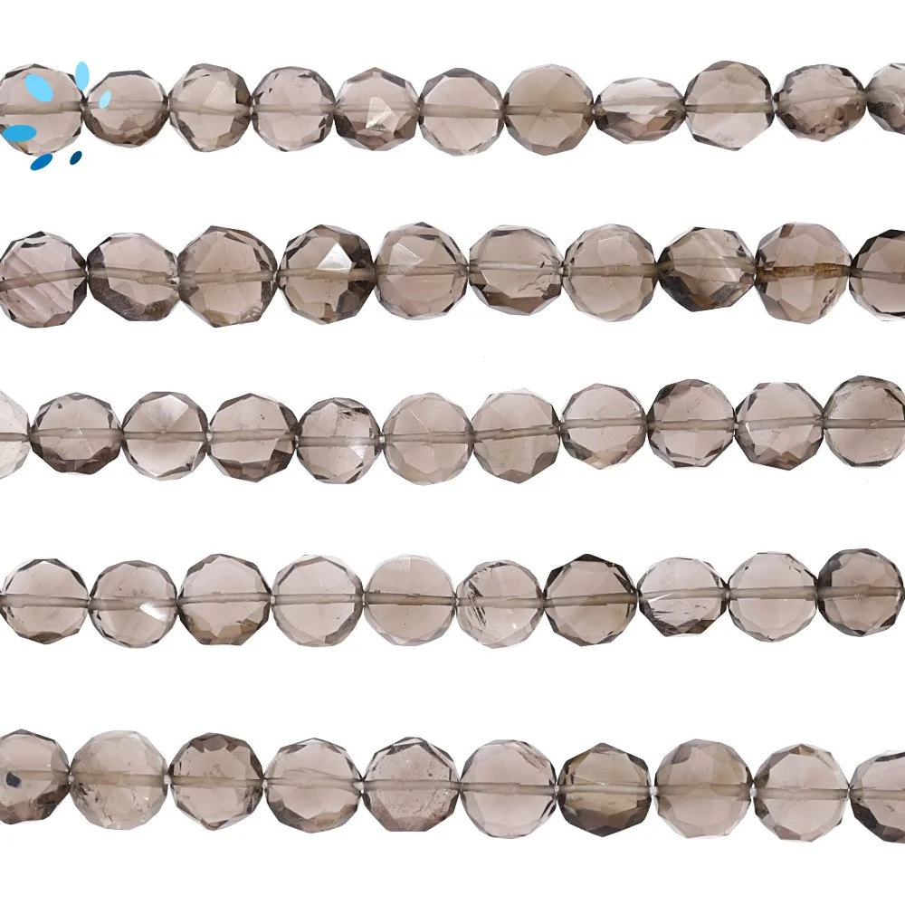 Smoky Quartz Faceted Coin Top to Bottom Drilled Beads 8mm - 14 Inch Strand