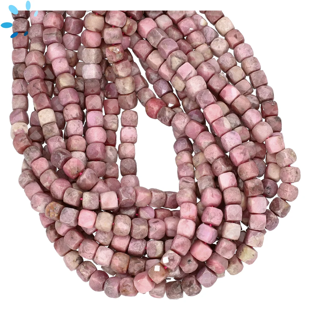 Rhodonite Faceted Cube Top to Bottom Drilled Beads 4mm - 14 Inch Strand