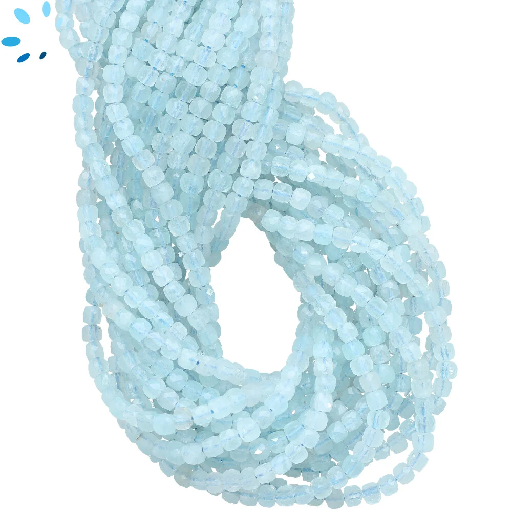 Aquamarine Faceted Cube Top to Bottom Drilled Beads 4mm - 13 Inch Strand