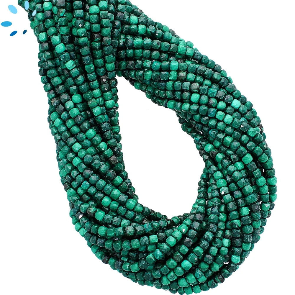 Malachite Faceted Cube Top to Bottom Drilled Beads 2mm - 14 Inch Strand