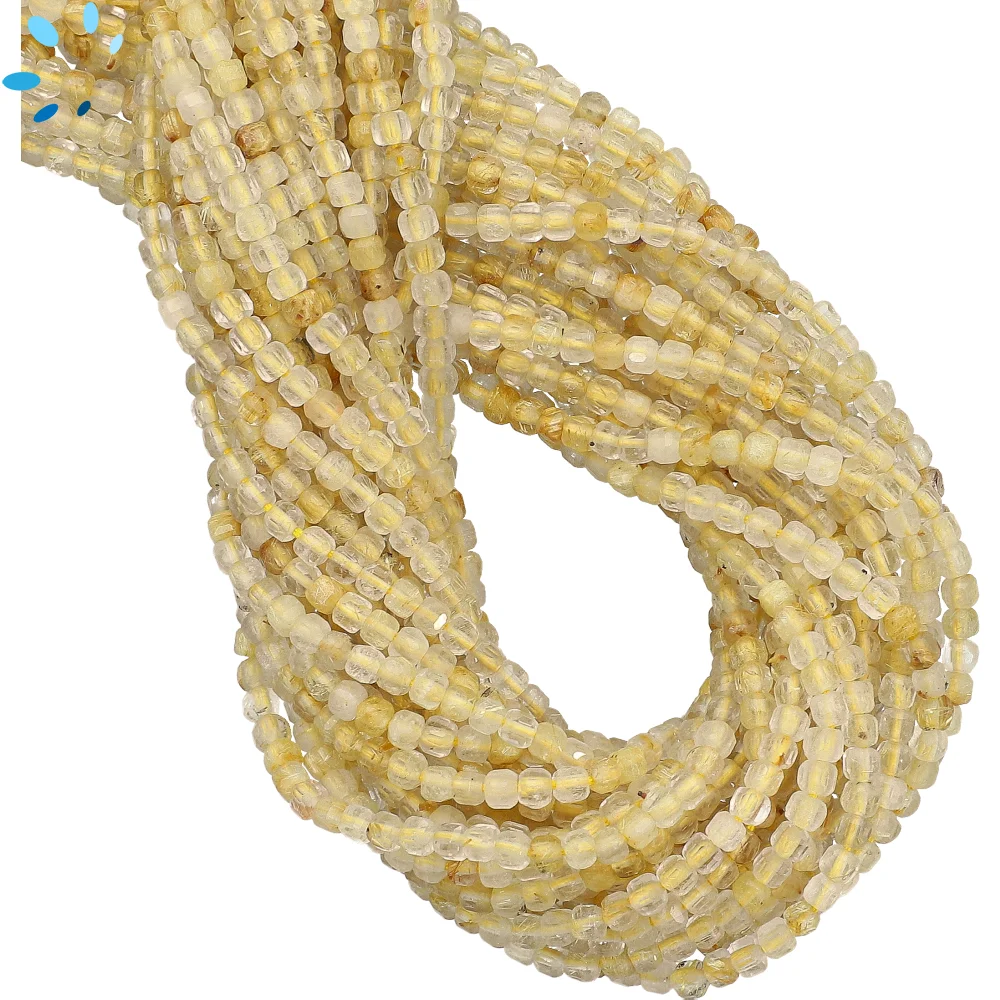 Rutilated Quartz Faceted Cube Top to Bottom Drilled Beads 2mm - 14 Inch Strand