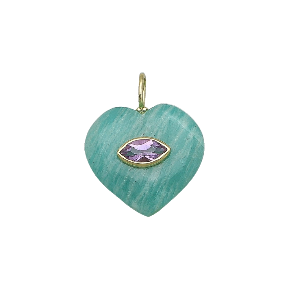 Amazonite & Amethyst Heart Inlay Charm Pendant 19mm - 18k Gold Plated Sterling Silver