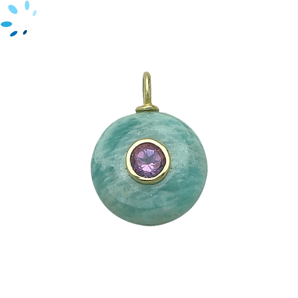 Amazonite & Amethyst Round Inlay Pendant Charm 16mm - 18k Gold Plated Sterling Silver