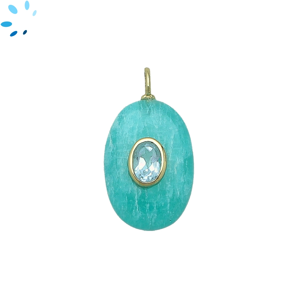 Amazonite & Blue Topaz Oval Inlay Pendant Charm 22x15mm - 18k Gold Plated Sterling Silver