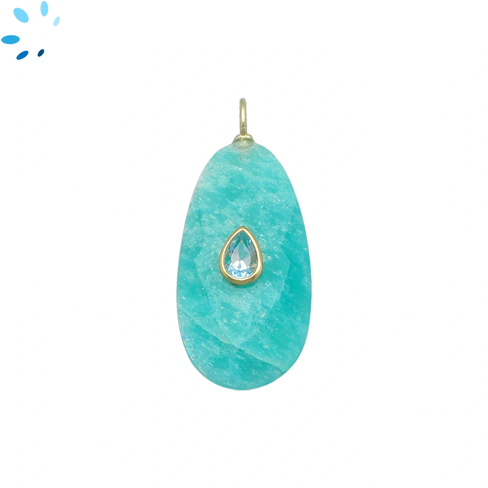 Amazonite & Blue Topaz Pear Inlay Pendant Charm 31x16mm - 18k Gold Plated Sterling Silver - 1 Piece