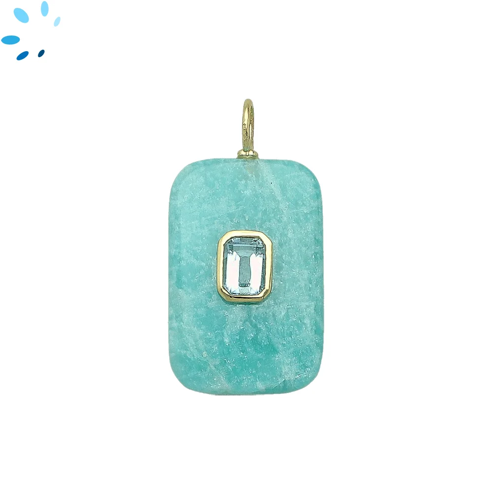 Amazonite & Blue Topaz Slab Rectangle Inlay Pendant Charm 28x18mm - 18k Gold Plated Sterling Silver 1 Piece