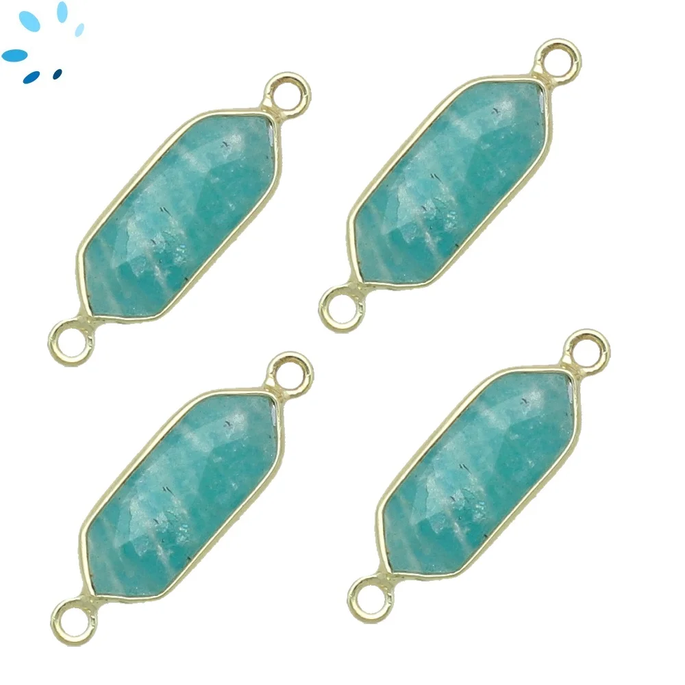 Amazonite Elongated Hexagon Bezel Connector 16x7 - 18x8mm - 18k Gold Plated Sterling Silver - Set of 4