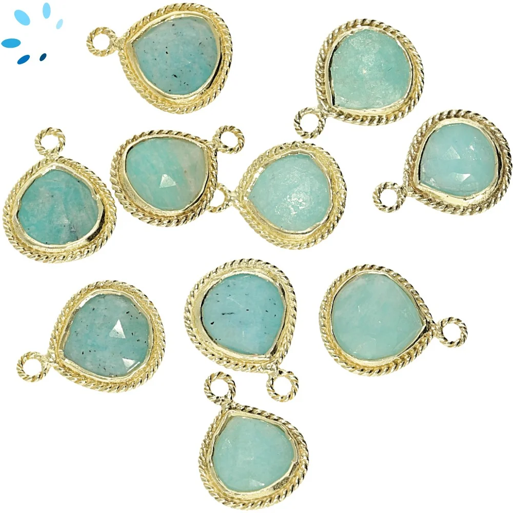 Amazonite Heart Twisted Wire Bezel Pendant Charm 10mm - 18k Gold Plated Sterling Silver - Set of 4