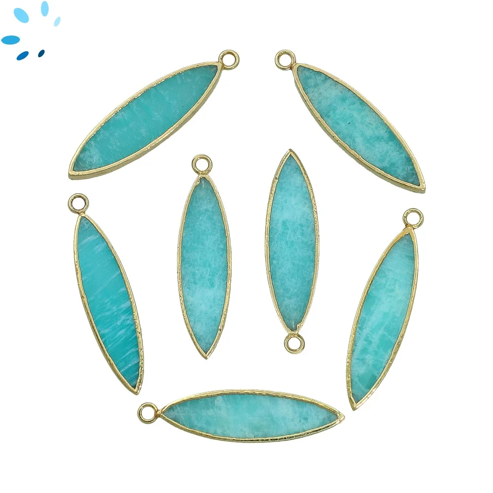 Amazonite Marquise Charm Pendant 30x7mm 18k Gold Electroplated - Set of 2
