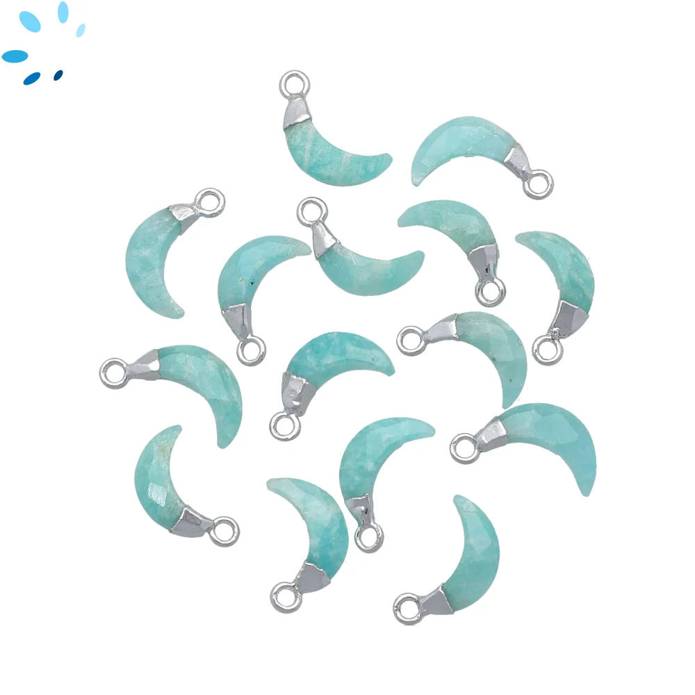 Amazonite Moon Pendant Charm 9x3mm Silver Electroplated - Set of 4